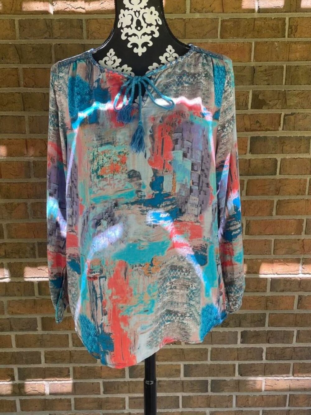 Soft Surroundings Riviera Blue Orange Abstract Artsy Watercolor Blouse Small